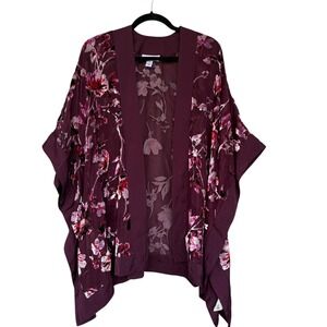 Motherhood Maternity Kimono Blouse Womens One Size Purple Floral Burnout Velvet